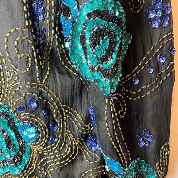 Fantasy by Lisa Kane Vintage XL Silk Beaded Top Black Blue Sequin Floral Beaded - Picture 13 of 16